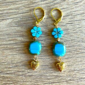 HAND CRAFTED BOHO EARRINGS Blue Gold Floral Hearts